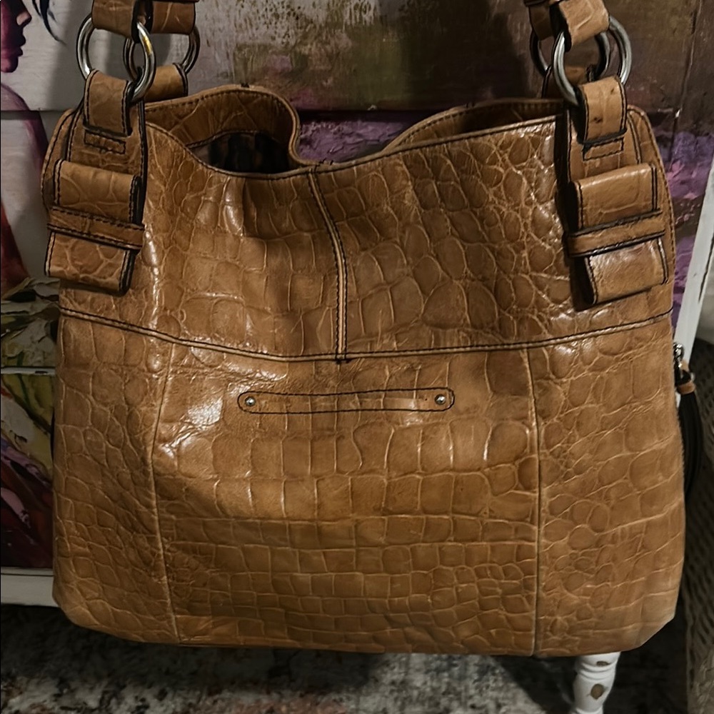 B. Makowsky Tan Shoulder Bag with Distressed Leather and Double Straps - Picture 4 of 14